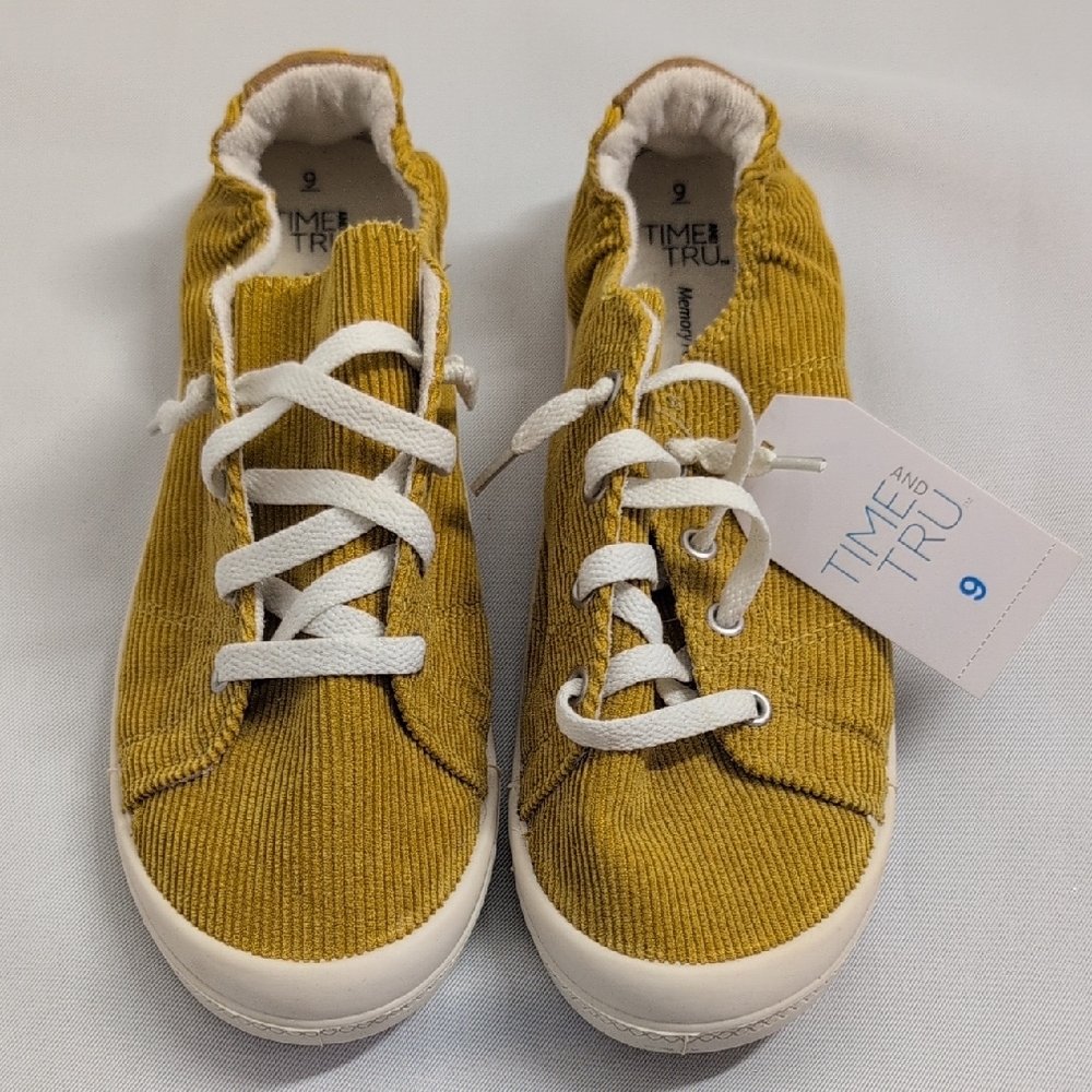 Womens Yellow Corduroy memory Foam Slip On Flats